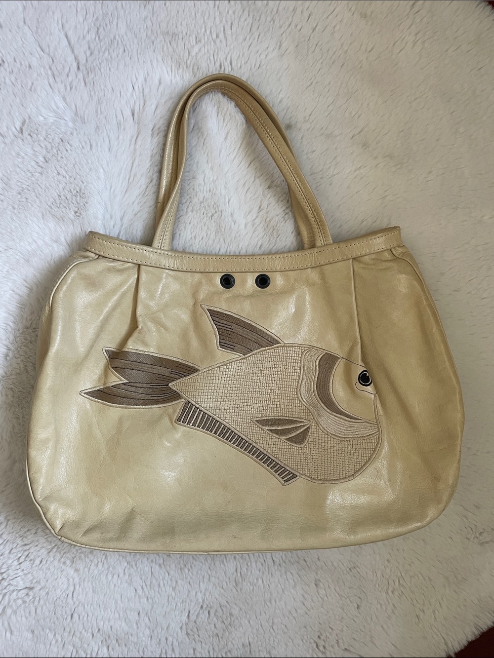 R&Y Augousti Cream Shoulder Bag with Fish Appliqué embroidered